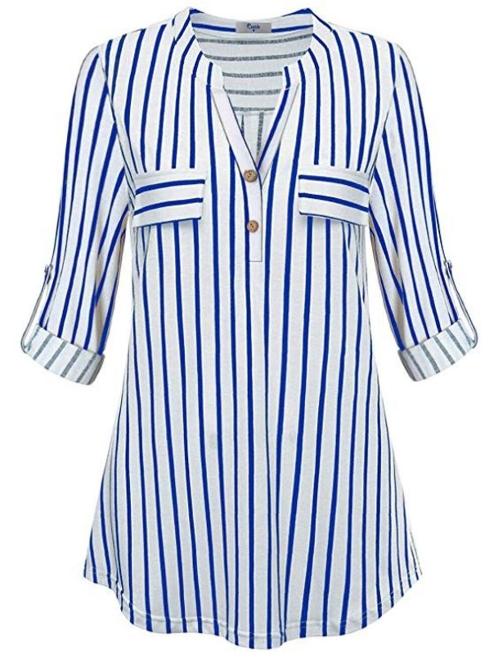 Cestyle White Blue Striped Pullover Blouse Women's Size Large